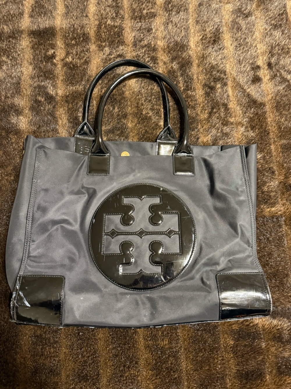 Tory Burch Black Nylon Tote with Patent Logo